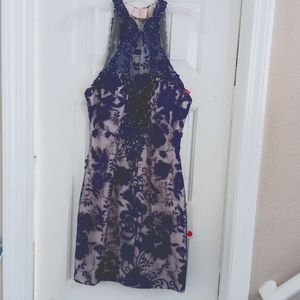 Women's navy, lined, beaded, sleeveless special occasion dress